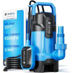 lot 1156 image: FOTING 34HP Sump Pump, 4300GPH High Flow Clean&Dirty Submersible Water Pump with Float Switch, Thermoplastic Electric Portable Utility Pump for Pool Draining Hot Tub Garden Basement