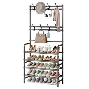 lot 1159 image: YIZAIJIA 4 Tier Coat and Shoe Rack Entryway Coat Rack with 8 Hooks Shoes Organizer for Living Room Bedroom Office Brown