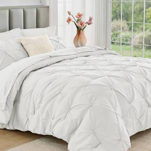 lot 1165 image: JOLLYVOGUE Queen Comforter Set 7 Pieces - Bed in a Bag Queen for All Season, Pintuck Bedding Comforter Sets with Comforter, Flat Sheet, Fitted Sheet and Pillowcases & Shams, White