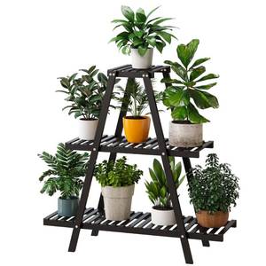 lot 1170 image: Furshus Bamboo Plant Stand IndoorOutdoor, 3-Tier, Black, Rectangular, 8 Potted Flower Holder Ladder Plant Rack