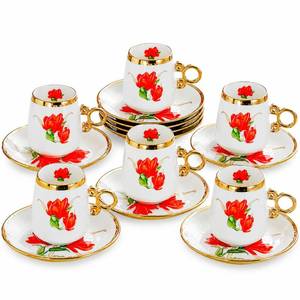lot 1171 image: 12 Piece Porcelain Tea Cups and Saucers Set - Red Floral Coffee Cups with Gold Trim, 100ml Espresso Turkish Coffee Set, Elegant Tea Party Gift (Red 100ml 6 cups 6 plates)
