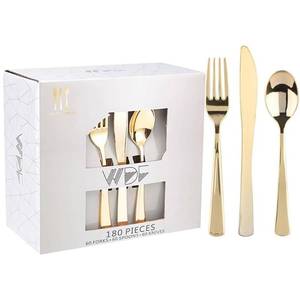 lot 1179 image: WDF 180 Pieces Disposable Plastic Gold Silverware Cutlery - Disposable Flatware Set 60 Forks, 60 Knives and 60 Spoons - Heavy Duty Gold Plastic Cutlery - Utensils for Baby Shower Wedding Spring