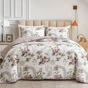 lot 1180 image: Flysheep 3 Pieces Quilt Set California King Size, Beige Floral Reversible Bedspread Coverlet Set, Soft Microfiber Lightweight Bed Cover for All Season (102 x 114, 1 Quilt 2 Pillow Shams)