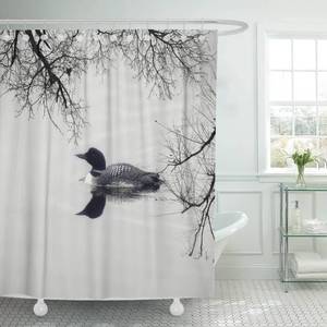 lot 2058 image: Semtomn Shower Curtain Water Black and White Loon Lake Cottage Bird 72x72 Home Decor Waterproof Bath Bathroom Curtain Set with Hooks