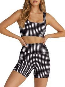 lot 2078 image: Aoysky Womens Workout Gingham 2 Piece Outfits Padded Open Back Crop Tank High Waist Sports Shorts Sets Casual Yoga Matching Sets M