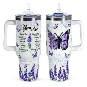 lot 3230 image: CHOKOMETRY Christian Gifts 40 oz Butterfly Bible Verse Tumbler With Handle Lid and Straw,Religious Faith Inspirational Spiritual Tumblers, Jesus Coffee Cups
