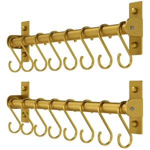 lot 3231 image: Dseap Kitchen Utensil Holder Hanger, Pot and Pan Rack Wall Mounted, Kitchen Rail with 8 Hooks for Hanging Cooking Utensils, Mugs, Spoons, Wall Mounted, Gold, Pack of 2