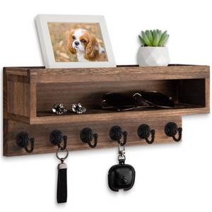 lot 3234 image: Lucundm Key and Mail Holder Wall Mount, Key Hanger with Long Storage Box and 6 Hooks for Coat, Dog Leash, Home Decor Rack, House Accessories, Entry Way Organizer (Brown)
