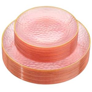 lot 3245 image: Rubtlamp 60Pcs Pink Plastic Plates,Clear Pink Plates With Gold Rim,Hammered Gold Plates Include 30Pink Plastic Dessert Platos, 30Gold Dinner Platos For Party