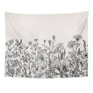 lot 4177 image: Emvency Tapestry Floral Border Herbs and Wild Flowers Botanical Engraving Style Black and White Home Decor Wall Hanging 50 x 60 Inches Print for Living Room Bedroom Dorm