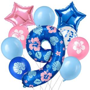 lot 4217 image: Minyu Tropical Floral Number large Balloon - 10-pack, includes hibiscus and palm leaves, pink and blue star foil, and sequined balloons, perfect for birthday party decorations. (Number 9)