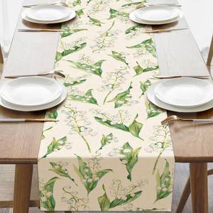 lot 4230 image: Croar Watercolor Lily of the Valley Flower Dining Table Runner, Spring Summer Vintage Floral Plants Botanical Burlap Kitchen Decoration, Farmhouse Indoor Outdoor Home Decor Party Supply 13 x 72 Inches