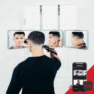 lot 4249 image: Self-Cut System 3-Way Mirror Heaven Lights - 360-Degree Portable Trifold Mirror with Rechargeable LED Lights for Mens Haircuts, Chrome-Plated Glass Panel, Adjustable Hooks, Foldable Design, Black