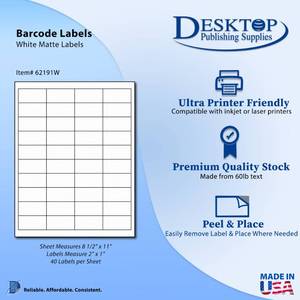 lot 4267 image: Blank White 2 x 1 Labels - 40 Labels Per Sheet - for Inkjet & Laser Printers - 25 Sheets  1000 Labels