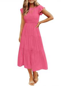 lot 4294 image: ZESICA Womens 2024 Summer Casual Flutter Short Sleeve Crew Neck Smocked Elastic Waist Tiered Midi Dress,Hot Pink,Medium