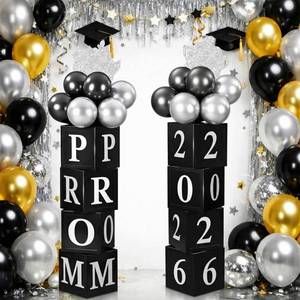 lot 4310 image: Skylety Prom 2026 Decorations Kit Black and Silver Graduation Party Supplies 8 Prom Column Boxes 20 Metallic Balloons 2 Crown Cards for Senior Night Congrat Grad Backdrop
