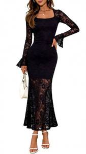 lot 4421 image: GERT COREL Elegant Womens 2025 Bell Long Sleeve Lace Maxi Dress Sexy Square Neck Fall Bodycon Mesh Wedding Guest Cocktail (US, Alpha, Medium, Regular, Tall, Plain Black)