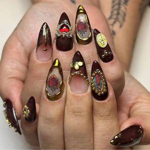lot 4428 image: BABALAL Almond Press on Nails Medium Fake Nails Brown Fall Glue on Golden Chrome Baroque Art Acrylic Nails 3d Heart Charm Metallic Ball Design Stiletto Manicure Stick on False Nails