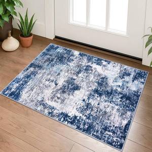 lot 4437 image: Lansny Modern Abstract Entryway Rug Indoor 2x3 Washable Non-Slip, Soft Grey Navy Blue Rug, Small Area Rug Kitchen Mat Thin Print Faux Wool Floor Carpet for Entrance Bedroom Office
