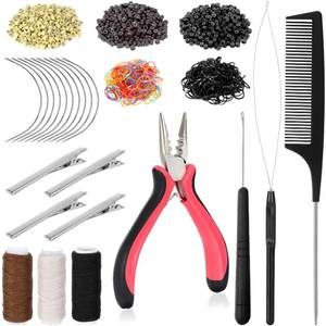 lot 4445 image: Hair Extension Tools Kit, 600 Silicone Lined Micro Rings, 1 Plier, 2 Hook Needle Pulling Loop, 10 Curved Hair Needle, 4 Metal Hair Clips, 1 Comb, 3 Sewing Threads, 200 Mini Rubber Bands