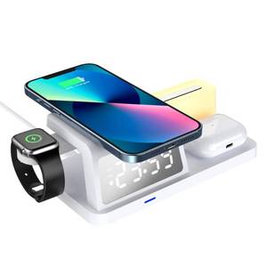 lot 4453 image: FJHBL Multi-Functional Wireless Charger with Clock -HT309(White), Alarm, Color-Switchable Night Light, 15W Wireless Charging, Compatible with Almost All Qi-Enabled Phones, Watches, and Earbuds.