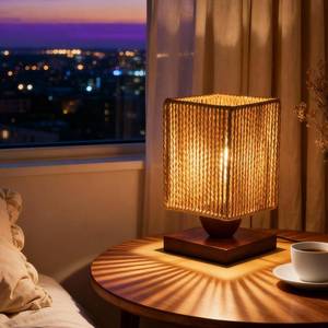 lot 6046 image: Chinying Boho Small Table Lamp,Vintage Wicker Wooden Nightstand Bamboo Woven End Table Lamps,Farmhouse Rattan Beside Lamp for Room Decor, for Bedroom Living Room Desk Kids Room(LED Bulb Included) (A)