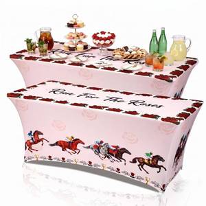 lot 6067 image: Oudain 2 Pcs Derby Day Stretch Table Cover 6 Feet Horse Racing Spandex Table Clothes Red Rose Tablecloth Party Decorations for Derby Day Horse Events Party Celebration Picnic Dinner Decor