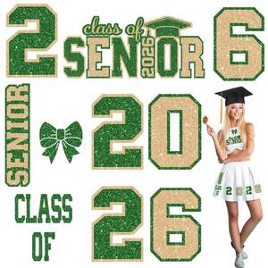 lot 6088 image: Solsew Senior Class of 2026 Iron on Patches Decals Glitter Heat Transfer Graduation Decoration Skirts Shirts Iron on Cap Letters Bow Transfer for Fabric Clothing DIY Crafts(Green and Gold)