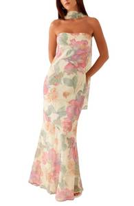 lot 6316 image: Womens Strapless Floral Dresses with Scarf Mesh Tube Maxi Dress Spring Summer Wedding Guest Cocktail Beach Party Pink Floral S