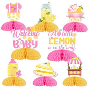 lot 6329 image: Funmemoir Lemon Baby Shower Decorations for Girl - 8PCS Pink A Little Lemon is on the Way Honeycomb Centerpieces, Pink and Yellow Fruit Citrus Summer Lemonade Theme Table Decor