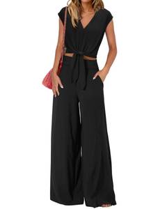 lot 6341 image: PRETTYGARDEN Womens Summer 2 Piece Outfits 2026 Cap Sleeve V Neck Belted Crop Tops Wide Leg Pant Sets Casual Tracksuit(Solid Black,Medium)