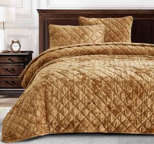 lot 9096 image: Chezmoi Collection Lux Caramel Gold Velvet Quilt King Set, 3-Piece Lush Plush Distressed Velvet Bedding All Season Lightweight Comforter Brushed Microfiber Reverse with Diamond Stitch Quilting