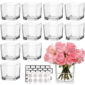 lot 9113 image: CONNOO 12 Pack Square Glass Vase 3 x 3 x 3, Clear Bulk Flower Vases for Centerpieces, Square Glass Cube Vase Floating Candle Holders for Wedding Party Home Decor