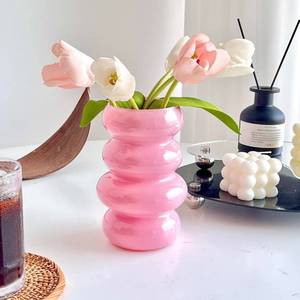 lot 9116 image: BLOFLO Colored Glass Hydroponic Flower Vase, 7-Inch Pink Glass Vase, Four-Layer Geometric Glass Floral Vase for Home D�cor, Modern Bubble Glass Vase for Home Office Wedding Table (Pink)