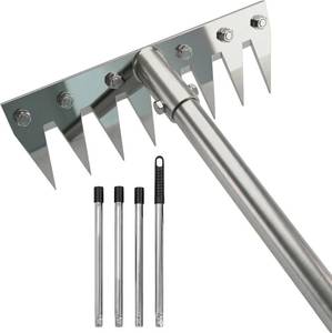 lot 9117 image: 2 in 1 Weeding Rake w 60 Handle, 8-Teeth Garden Weed Puller Tool Heavy Duty Gardening Tool for Lawn, Flower Beds,Cultivating & Soil Aeration (1, Chrome)
