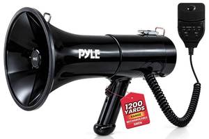 lot 9121 image: Pyle 100-Watt Square Megaphone Bullhorn, Lightweight and Portable Loudspeaker Horn with Aux (3.5mm) Input for MP3Music, Automatic Siren, Whistle, MICTalk (Black), 1200 Square Yards Projection Range