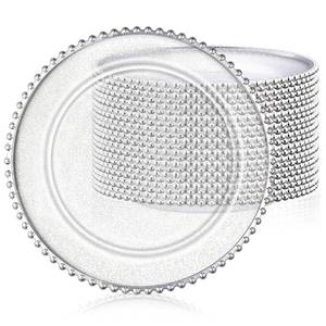 lot 9139 image: Hoolerry 12 Pack Clear Charger Plates Bulk 13 Inch Plastic Round Beaded Dinner Chargers Acrylic Frosted Grain Decorative Service Plates for Wedding Party Event, Home and Kitchen Tabletop (Silver)