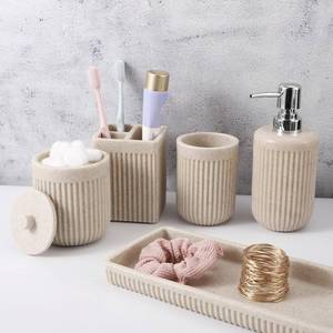 lot 9151 image: XLHOMO Resin Beige Bathroom Accessories Set 5 Pcs, Lotion Soap Dispenser, Toothbrush Holder, Bathroom Tumbler, Qtip Holder and Vanity Tray, Bathroom Countertop Organizer Set for Modern Home Apartment