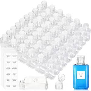 lot 9162 image: Pumtus 60 Pack Plastic Refillable Flip-Top Bottles, 2 OZ Clear Empty Travel Hand Sanitizer with Flip Cap, Portable Small Liquid Squeeze Container for Shampoo, Lotions, Liquid Body Soap, Creams