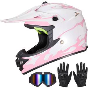 lot 9171 image: Youth Kids Dirt Bike Helmet for Boys & Girls,F001 Full Face Motorcycle Helmet for Off-Road ATV Street Riding Four Wheeler Mountain Bike with Goggles Gloves,DOT Approved(Pink Flame,L)
