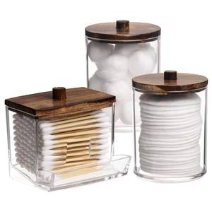 lot 9180 image: Tbestmax Qtips Holder Bathroom Container, 10 OZ Cotton BallSwabs Dispenser, Apothecary Jar Organizer for Storage Brown Wood Lids