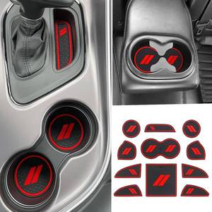 lot 10265 image: REMOCH for Dodge Challenger Accessories 2015-2024 Custom Fits Cup Holder Insert Anti-dust Mats Door Pocket Center Console Liners (Red Trim) - 11 PCSSet