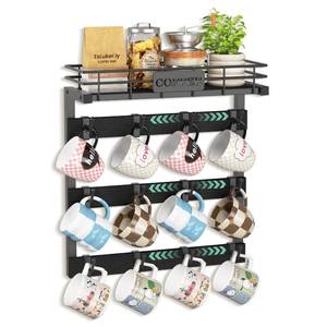 lot 11510 image: EsLuker.ly Coffee Mug Holder Wall Mounted Display Rack, Metal Cup Hanger Organizer with 12 Movable Plastic Hooks, Wood Rustic Shelf for Coffee Bar Home Kitchen, BlackBlack