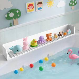 lot 11521 image: Blgiont Bathtub Splash Guard PlayPad Shelf Area with Strong Suction Cups, Toy Tray Caddy Holder Storage Over Tub, Bathtub Ledge Guard, No Mess Water, Splash Protection Water Barrier for Bathroom-White