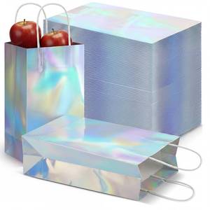 lot 12157 image: Estune 60 Pcs Iridescent Gift Bag Bulk Thickened Holographic Party Favor Bag with Handle 8.3 x 5 x 3.2in Glossy Paper Candy Goodie Flower Handbag Kpop Disco Wedding Birthday Graduation Party Supply