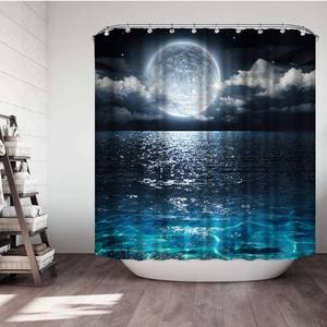 lot 12163 image: VividHome Shower Curtain Full Moon Over Ocean Landscape Waterproof Fabric Shower Curtain for Bathroom Decor Set with Hooks 72 x 72 Inches