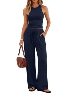 lot 12170 image: Trendy Queen Womens 2 Piece Summer Lounge Sets Butter Soft Tank Top & High Waisted Wide Leg Pants with Pockets Navy M