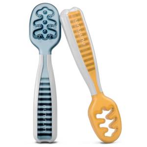 lot 12234 image: NumNum Baby Spoons Set, Baby Essentials Pre-Spoon GOOtensils for 6 Months, First Stage Self-Feeding Spoons for Baby Led Weaning (BLW), Silicone Toddler Utensils, BPA-Free, 2 Pack BlueOrange