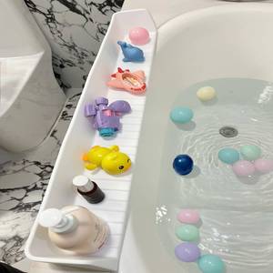 lot 13170 image: DubiLaka 31.5 Bathtub Splash Guard for Kids & Toddlers - Silicone Play Shelf & Toy Storage Tray with Strong Suction Cups to Prevent Water Spills, No-Leak Fun Bath Time - Tub Toy Holder Ledge,White