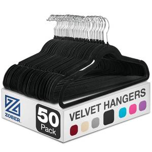 lot 13667 image: ZOBER Black Velvet Hangers 50 Pack - Clothes Hangers, Coat Hanger for Pants & Dress Clothes - Non Slip w 360 Degree Swivel, Holds up to 10 lbs - Strong Felt Hanger for Clothing